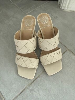 Vince Camuto Off-White Braided Two-Band Slide Mules